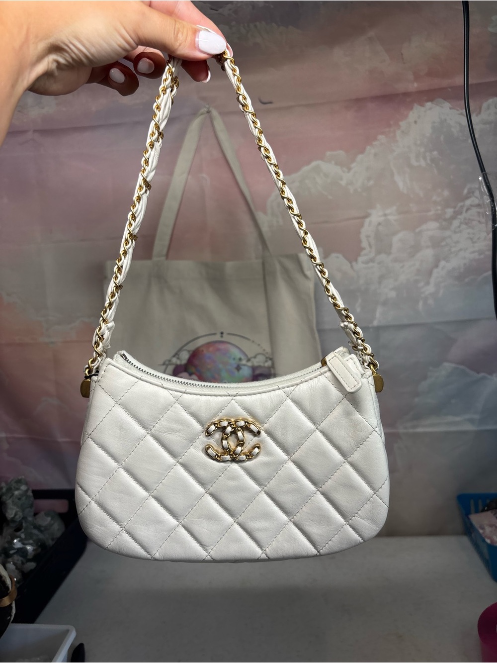 Chanel Lambskin White Shoulder Hobo Bag with Gold Chain
